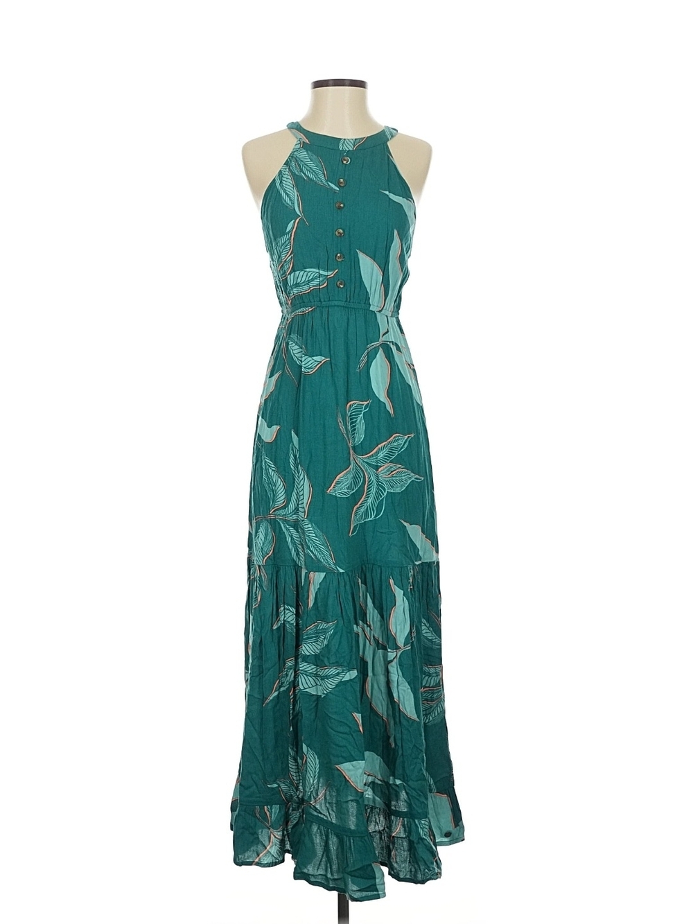 Roxy Teal Leaf Print Halter Maxi Dress